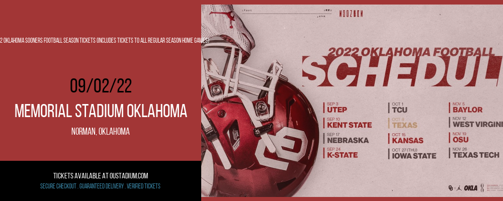 2022 Oklahoma Sooners Football Season Tickets (Includes Tickets To All Regular Season Home Games) at Memorial Stadium Oklahoma